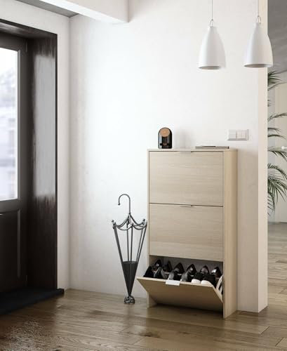 Dmora - Étagère à chaussures Escondido, Armoire à chaussures avec 3 portes pliantes, Armoire double capacité pouvant accueillir jusqu'à 18 paires de chaussures, 60x22h113 cm, Chêne