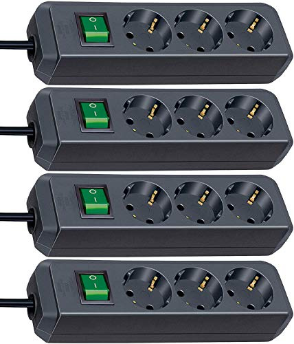 Brennenstuhl Eco-Line 3-Fach Steckdosenleiste (Steckerleiste mit Kindersicherung, Schalter und 1,5 m Kabel) schwarz | 4er Pack