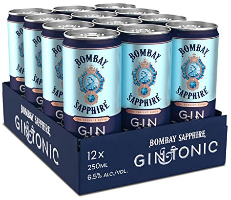 Bombay Sapphire Premium Gin & Tonic, Vol. 6,5%, 12 x 25 cl / 250 ml, cocktail pronto da bere premiscelato in lattina, London Dry Gin infuso al vapore, aromi naturali e acqua tonica premium