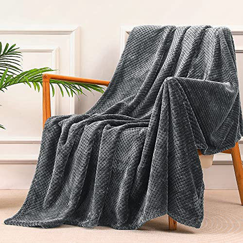 Yebeda Manta Waffle 130 x 170 cm, Manta para Sofa Polar Cálida Cama de Franela Super Suave, Acogedora y Aómoda, Gris Oscuro