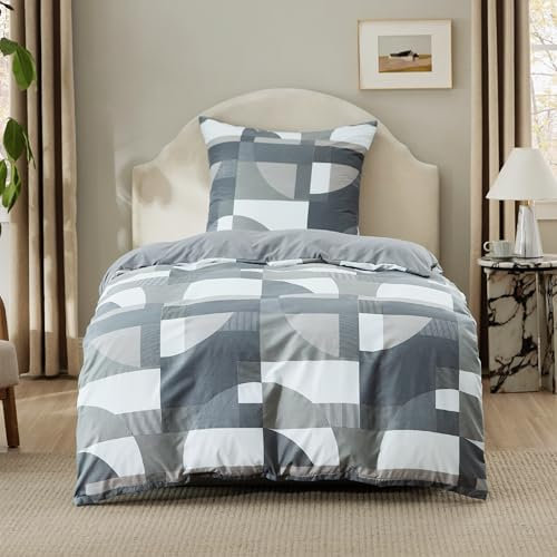 BEDSURE Bettwäsche 135x200 2teilig Bettbezug - Bettwäsche-Sets 135 x 200 cm mit Kissenbezug 80x80 cm, ÖKO-TEX Wendebettwäsche Bedding Grau Geometrie Muster für Einzelbett mit Reißverschluss