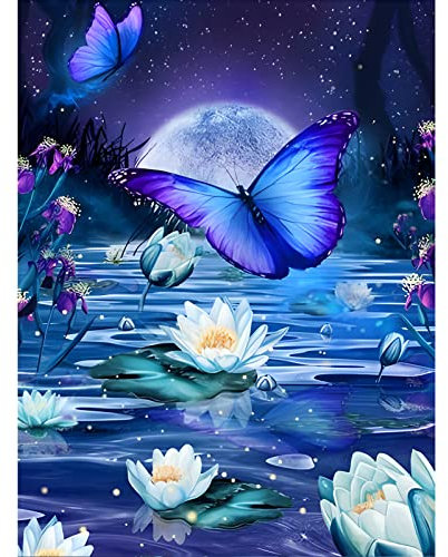 AIRDEA Schmetterling Diamond Painting Set für Erwachsene, 5D Mondschein Diamant Malerei Kits,Malen nach Zahlen,Lotos Blume Diamant Painting Bilder Round Full Kits Complete Diamant Kunst Kits 30x40cm
