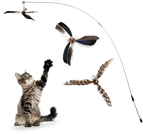 Cobee Cat Wand Toys, Interactive Cat Toys with 2 Feather Refills, Cat Feather Propeller Wand Toy with Bell, Cat Feather Toys Replacement Refills, Indoor Cat String Toy for Kitten Training(Piebald)