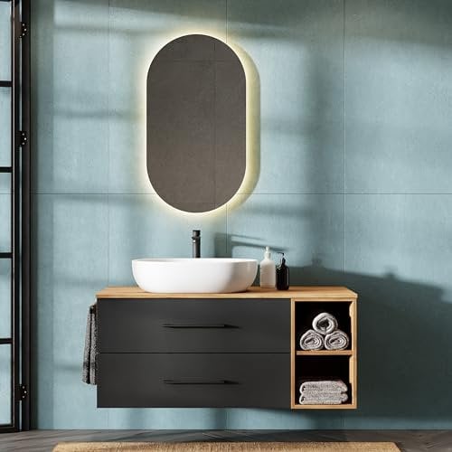 Planetmöbel LUX Badmöbel Set Waschbecken mit Unterschrank 120 cm hängend inkl. Aufsatz-Waschbecken 60 cm weiß, Waschbeckenunterschrank Gold Eiche/Anthrazit