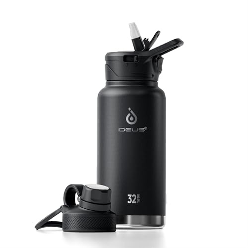 Ideus Vakuumisolierte Wasserflasche, 950 ml Edelstahl Doppelwand Flasche Metall Sport Kantine mit auslaufsicherem Schraubverschluss