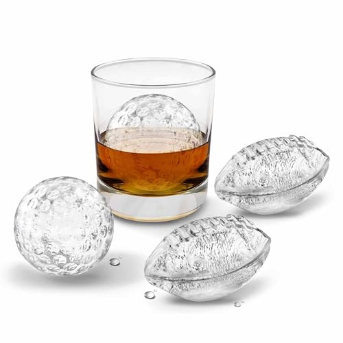 Tovolo Sports Ice Mold Bundle Set of 4 Golf Ball and Football Shapes Large Craft Ice Cubes for Whiskey Cocktails with Silicone Lids, Easy Fill Craft Ice Mold for Sports Fans