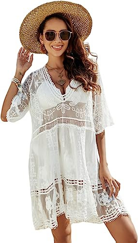 LCXYYY Damen Cover Up Sommer Bikini Strandurlaub Strandponcho Sexy Spitze V-Ausschnitt Freizeitkleid Sonnenschutz Strandkleid