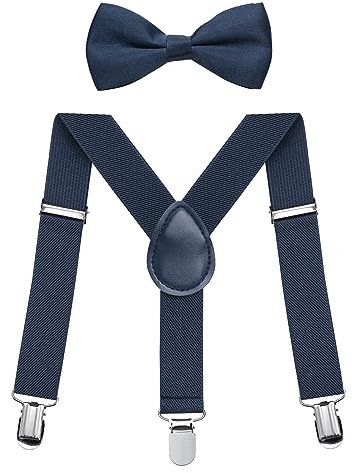 Jungen Hosenträger Fliegen Set, Kinder-Hosenträger mit elastischer Y-Form, verstellbar mit Clips und Fliege für Jungen und Mädchen (Marineblau)