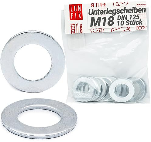 Lun Fix Unterlegscheiben M18 DIN 125 | 10 Stück | Verzinkter Stahl, Unterlegscheibe für Schrauben Flach Beilagscheiben für Gewindebolzen & Gewindestangen, Flat Washers für Muttern, dünnen Scheiben