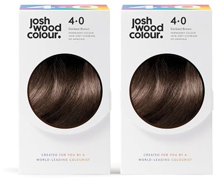 Josh Wood Permanent Hair Dye, 4.0 Darkest Brown, Ammonia-Free, 296ml 2-Pack | 100% grey coverage, vegan formula, shine complex for glossy hair, salon-created colour, easy root-to-tip application