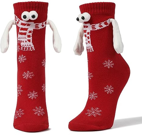 Shujin 1 Paar Weihnachtssocken mit magnetarmen Unisex 3D Puppes Paar Socken,Hand in Hand Socken Magnet Freundschaftssocken mit Händen Lustige Magnetische Christmas Socks,Rot Schal