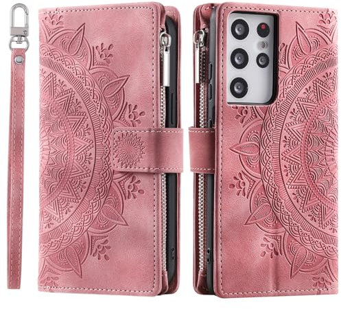 VEEMOS Wallet Case for Samsung Galaxy S21 Ultra Flower Flip Case Protective Leather Folio Book Phone Cover with Card Slots Kickstand Zipper Pocket - Pink