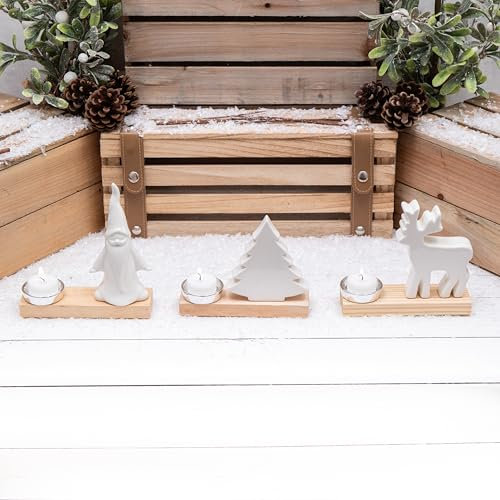 White Ceramic Christmas Tree, Santa & Rheindeer Glass Tea Light Candle Holders on Wooden Base (Rheindeer)