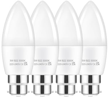 EvaStary B22 Candle Light Bulbs Bayonet, 5W B22 Bayonet Light Bulb 40W Equivalent, Warm White 3000K, C37 LED Bayonet Candle Cap, Non-Dimmable, Pack of 4