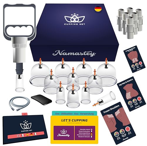 NAMASTEY® – Ventosas Fisioterapia Kit de 12 Piezas con Bomba de Succión y Manual de Instrucciones – Ventosas Masaje Anticeluliticas y Relajantes – Medicina China Milenaria – Cupping Set