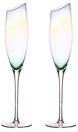 HIUHIU Vintage Wine Glasses Set of 2, Hand Blown Wedding Champagne Flutes Glass With Long Stem Iridescent Drinking Glassware Gift for Party, Restaurants, Home Bar,A1