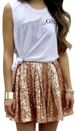Glitzer Rock Karneval Damen Minirock Metallischer Faltenrock Pailletten Rock Glänzend Sexy Tanz Party Konzert Outfits Sequin Skirt Karneval Pailettenrock Rock Gold Damen (02-Rose Gold, XXL)
