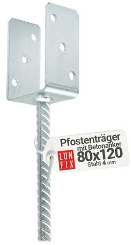80 mm Pfostenaufnahme | Pfostenträger U-Form mit Betonanker | 195 mm Ankerhöhe | 120 mm U-Seitenhöhe | 4 mm Stahl | Feuerverzinkt