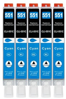 5 XXL Druckerpatronen kompatibel zu CLI-551 C Cyan für Canon PIXMA IP7250 IP8750 MG5450 MG5550 MG5650 MG6350 MG6450 MG6650 MG7150 MG7550 MX725 MX925 IX6850