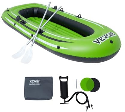 VEVOR Inflatable Boat, 3-Person Inflatable Fishing Boat, Strong PVC Portable Boat Raft Kayak, 45.6 Aluminum Oars, High-Output Pump, Fishing Rod Holders, and 2 Seats, 750 lb Capacity for Adults, Kids
