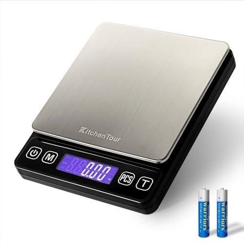KitchenTour Digital Kitchen Scale - 3000g/0.1g - High Accuracy Precision Food Scale with 9 Units(g/oz/ml/lb/lb:oz/gn/ozt/DWT/ct) - Meat Scale with Back-Lit LCD Display(Batteries Included)