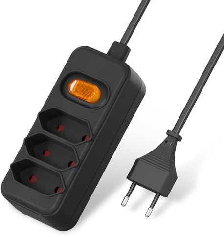 2M Verlängerungskabel 3-Fach Eurostecker Mehrfachsteckdose, 1 bis 3 Euro Verlängerung Eurosteckdosenleiste/Eurosteckerleiste, Eurosteckdose Verteiler mit Schalter Max.625W für TV Computer,Schwarz