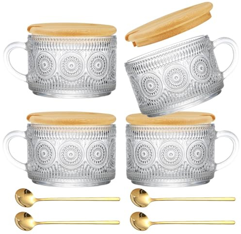 NSXIN 4er Latte Macchiato Gläser Set Kaffee Gläser, 450ml Glas Kaffeetasse mit Deckel und Löffel, Vintage Geprägter Glas Kaffeebecher für Tee, Milch, Cappuccino, Iced Americano (Sonnenblumen)