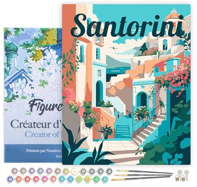 Figured'Art Peinture par Numéro Adulte avec Cadre Affiche de voyage Santorin en fleurs - Activité Manuelle Kit de Loisir Créatif DIY Numéro d'Art Complet - 40x50cm toile tendue sur châssis