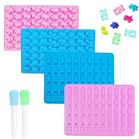 4 PCS Moules à Bonbons en Silicone, Moule a Bonbon Silicone avec 2 Compte-gouttes, Moules à Forme de Oursons Mini Dinosaure, Moule Ourson Silicone, pour Chocolat, Fudge, Bonbons, Biscuits
