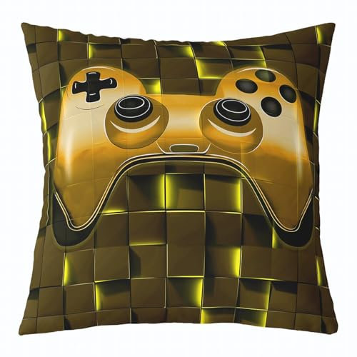 Funda de cojín geométrica de 45,7 x 45,7 cm, funda de cojín para niños, color negro y amarillo quemado, funda de cojín con mando de videojuegos 3D, cuadrada, funda de cojín a cuadros brillantes