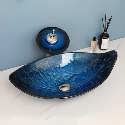 Washly 23x14 Blue Bathroom Vessel Sink, Leaf Shape Tempered Glass Sinks And Faucet Combo, Washing Basin Bowl Waterfall Chrome Brass Pop Up Drain