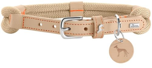 HUNTER Hundehalsband Malia, Farbe: beige/Natur, aus geschmeidigem Tau & robustem Leder, leicht, strapazierfähig, moderner & eleganter Look, frische Farben, Made in Germany, Größe: 45