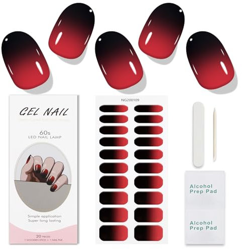 JMEOWIO Gel Nail Stickers - Black Red Semi Cured Strips Wraps for UV/LED Nail Art Design Decoration - Supplies and Accessories