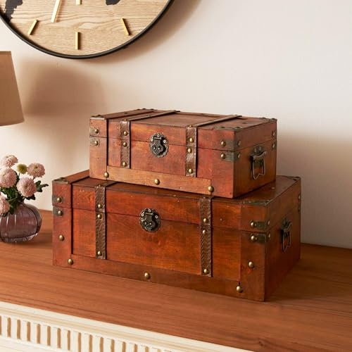 FRANK FLECHTWAREN, Truhe Schatzsuche, 2er Set, Holz, Metall, seitliche Griffe, Kunstleder Maße: 30 x 18 x 11 cm, 40 x 24 x 16 cm