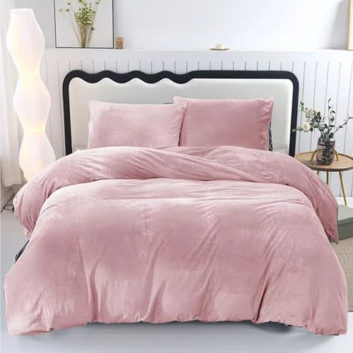 ZIYA HOMES Velvet Pink Duvet Cover King Size Winter Crushed Velvet Bedding Set 3 Pieces Super Soft Duvet Covers Warm Cozy Plain Green Quilt Cover with Pillow Cases Bedding Set