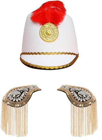 TiaoBug Kinder Nussknacker Hut Golden Quasten Schulterklappen Set Vintage Marching Band Hut mit Schulterbretter Spielzeug Soldatenhut Party Cosplay Weiß A One Size