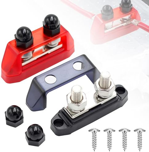 12 V-48 V Bus Bars Power Distribution Block: 250 A Battery Terminal Blocks with M10 Posts for Car Vehicle Boat Marine Caravan (2PCS Red + Black)