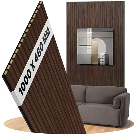 Panneaux acoustiques en chêne fumé, lattes de bois en feutre noir, revêtement mural, surface : bois véritable, dimensions : 1000 x 480 mm - Largeur des lattes: 27 mm (en chêne fumé)
