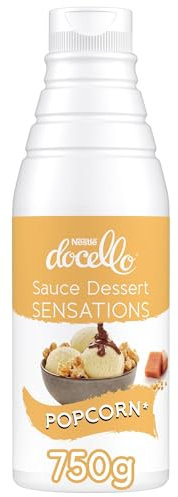 NESTLÉ DOCELLO Sauce Sensation Caramel Popcorn - Sauce Dessert au Caramel Saveur Popcorn - Avec Eclats de Maïs Grillé - Aide à la Pâtisserie, Topping, Nappage Gâteau, Coulis - Bouteille Squeeze - 750g