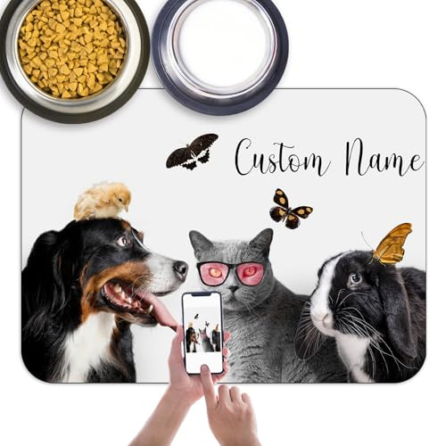 Tapis de nourriture pour chien personnalisé avec nom de la photo, tapis d'alimentation antidérapant pour animaux de compagnie, envers imperméable, bols en tissu absorbant pour chien et chat
