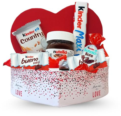 Coffret coeur KINDER et son assortiment de 25 chocolats Schokobons et Mini-Bueno, Maxi et Country et petit pot en verre de Pâte à Tartiner | Boîte Cadeau LOVE Prête à Offrir
