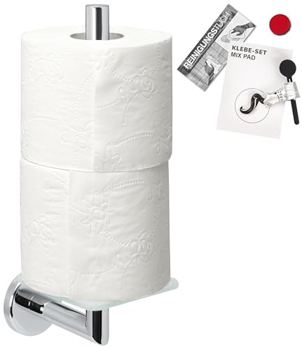 bremermann Bad-Serie LUCENTE - Toilettenpapierhalter mit Glasboden, Ersatzrollenhalter für 2 Toilettenpapierrollen inkl. Klebeset, WC-Rollenhalter, Toiletpaper Holder, aus satiniertem Glas und Edelsta