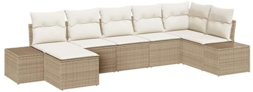 vidaXL 7-teiliges Garten-Sofa-Set mit Kissen in Beige, aus Poly Rattan, modulares Outdoor-Sitzgruppe für Sommermöbel auf der Terrasse oder im Garten – modernes Loungeset für den Hinterhof