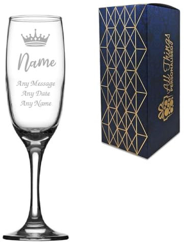 Crown Champagne Flute with Name, Personalised Engraved Glass for Prom Queen, Birthday Girl, Bride, Hen Do or Graduate, 210ml Gift Boxed