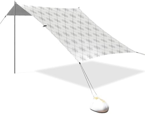 Stabiles Strandzelt, Vichy-Muster, LSF 50+, einfacher Aufbau, Sonnenschutz mit Sandsäcken und Schaufel für Garten und Camping, Grau