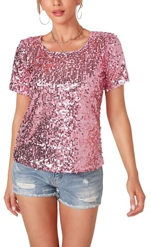Damen Pailletten Oberteil Glitzer Tops Kurzarm Rundhals T-Shirt Club Casual Elegant Festliche Blusen Disco Sommer Party Outfit