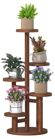 QDZC Support de plante en bois de 5 niveaux, pots de fleurs en bois hauts pour rangement et exposition, étagère à plantes multi-niveaux pour intérieur et extérieur brown