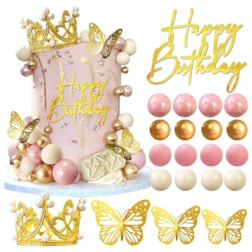 XFSRG 39 Stück Tortendeko Set Glitzer Geburtstag Krone Schmetterling Ballons Cake Topper für Hochzeit Geburtstag Party(Roségold)