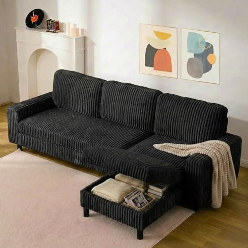 HOMRELEXA 200cm L Shaped Sofa with Movable Storage Ottoman, 3-Seater Modular Sectional Sofa, Corduroy Couch, Wooden Frame, Deep Seat, Ideal for Living Room, Black