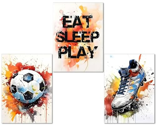 LUMIREX 3 Stück Graffiti Poster Fussball, Leinwand Bilder für Jugendzimmer Deko Jungen, Aquarell Wanddeko Wohnzimmer, Stylische Fußball Geschenke zur Männer Wandbilder Schlafzimmer, 30×40cm